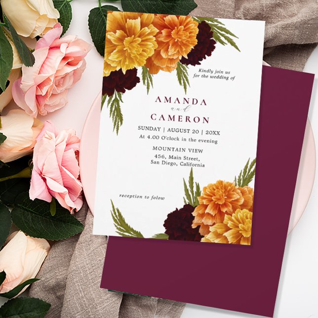 Invitation Elégant Mariage rouge Bourgogne "MARIGOLD" (Créateur téléchargé)