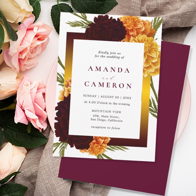 Invitation Elégant Mariage rouge Bourgogne "MARIGOLD" (Créateur téléchargé)