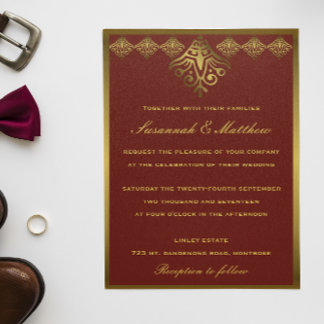 Invitation Élégant Mariage rouge et or