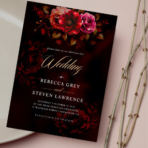 Invitation Élégant mariage rouge noir floral