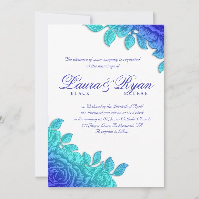 Invitation Elégant mariage royal bleu Rose blanc (Devant)