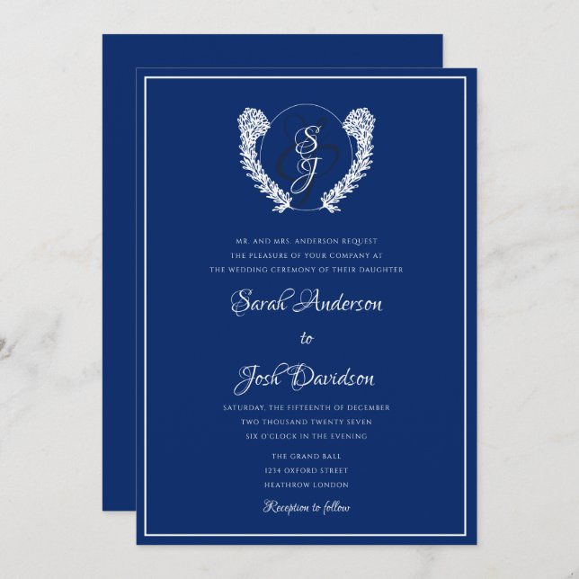 Invitation Élégant Mariage Royal Blue Monogram (Devant / Derrière)