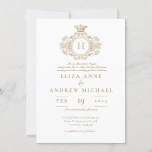 Invitation Élégant Mariage Royal Gold Monogram Crest