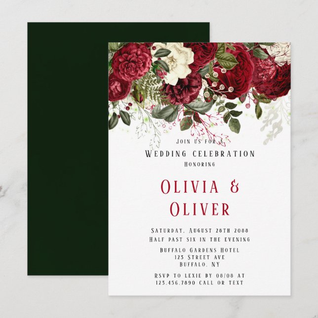Invitation Élégant Mariage Ruby Red Peonies (Devant / Derrière)