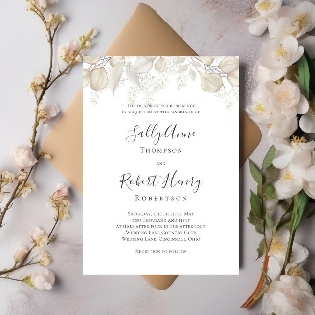 Invitation Élégant mariage Sage Green Foliage personnalisé (Simple and elegant sage green and cream foliage wedding invitation.)