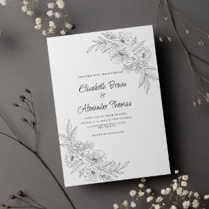 Invitation Élégant mariage simple noir blanc floral