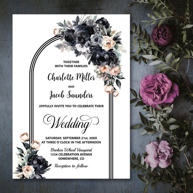 Invitation Élégant Mariage Smokey Black Floral Arch (Créateur téléchargé)