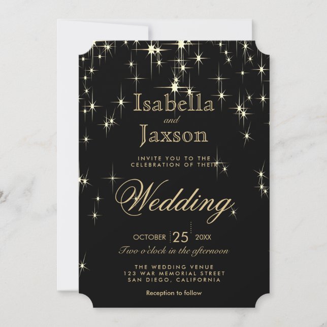 Invitation Élégant Mariage Starlights noir et or (Devant)
