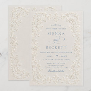 Invitation Élégant Mariage Style Floral Orné Crème Embossé