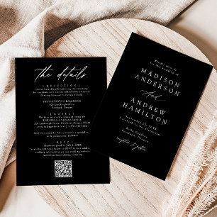 Invitation Élégant Mariage Tout En Un Code QR Noir et Blanc