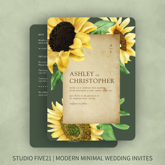 Invitation Élégant Mariage tout-en-un vert tournesol rustique (Créateur téléchargé)