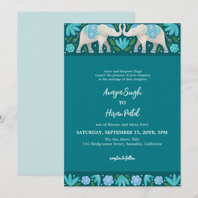 Invitation Élégant Mariage traditionnel indien des éléphants (Devant / Derrière)