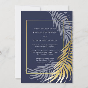 Invitation Élégant Mariage tropical bleu foncé et blanc