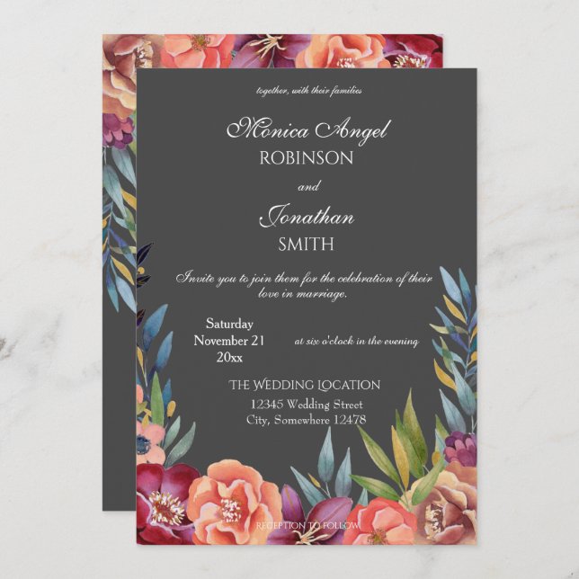 Invitation Élégant Mariage Tropical Burgundy & Blush Grey V2 (Devant / Derrière)