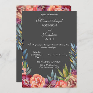 Invitation Élégant Mariage Tropical Burgundy & Blush Grey V2