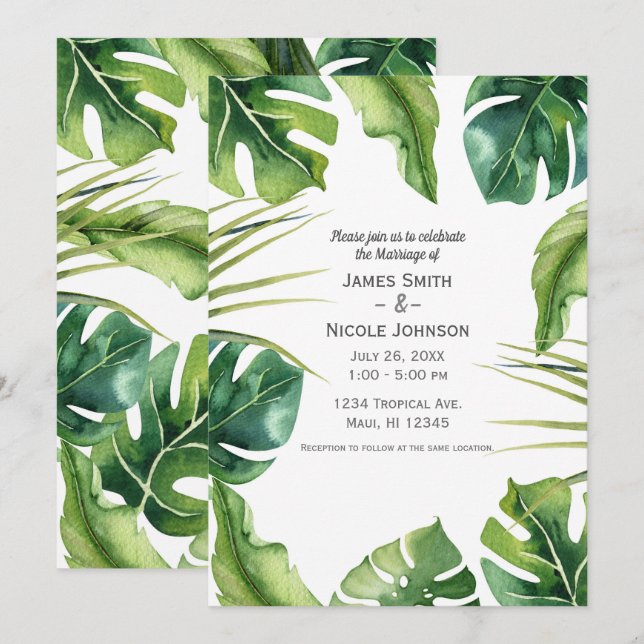 Invitation Élégant mariage tropical d'été avec feuilles de pa (Devant / Derrière)