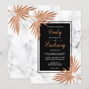 Invitation Élégant Mariage tropical en marbre de cuivre noir 