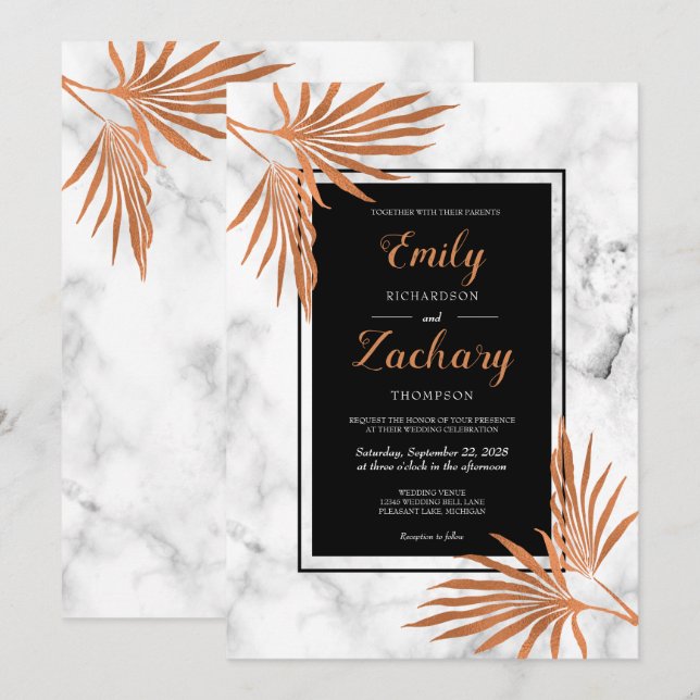 Invitation Élégant Mariage tropical noir blanc en cuivre (Devant / Derrière)