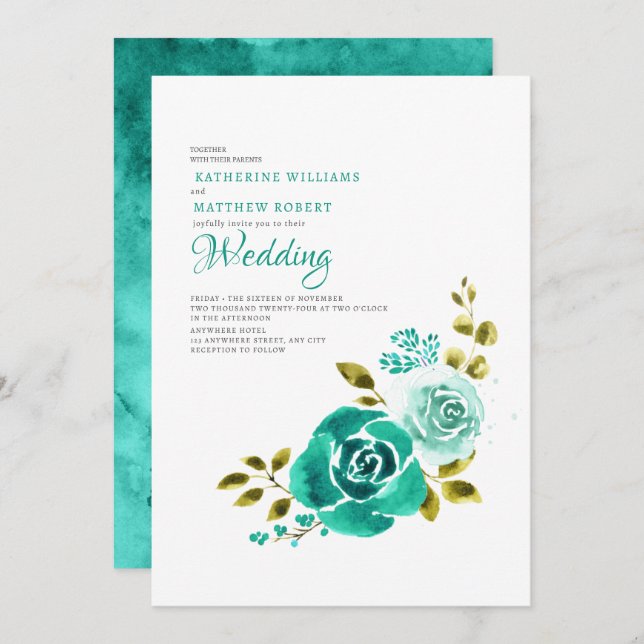 Invitation Élégant Mariage Turquoise blanc floral (Devant / Derrière)