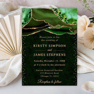 Invitation Élégant Mariage Vert et Paillettes d'Or Agate