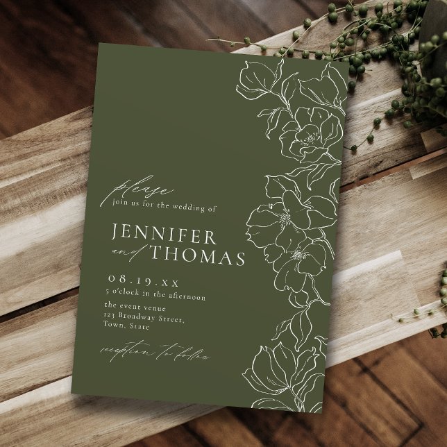 Invitation Élégant mariage vert sauge floral dessiné à la mai (Elegant hand drawn floral sage green wedding invitation)