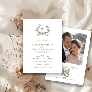 Invitation Élégant Mariage Vert Sauge Monogramme Crête Code Q