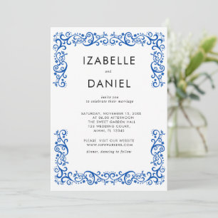 Invitation Élégant Mariage Vintage à cadre bleu