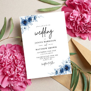 Invitation Élégant Mariage Vintage Fleurs Bleues à la Françai