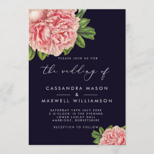 Invitation Elégant Mariage Vintage Marine & Pink Peony