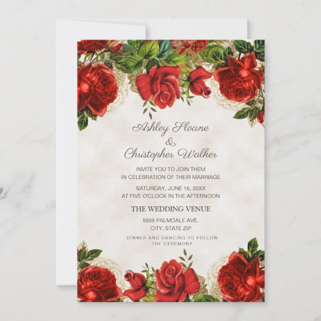 Invitation Élégant Mariage Vintage Red Roses (Devant)