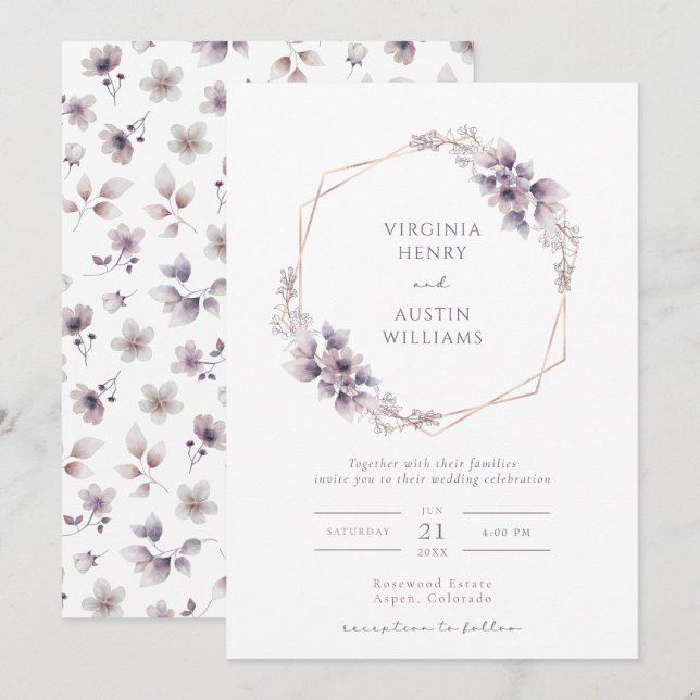 Invitation Élégant Mariage violet (Devant / Derrière)
