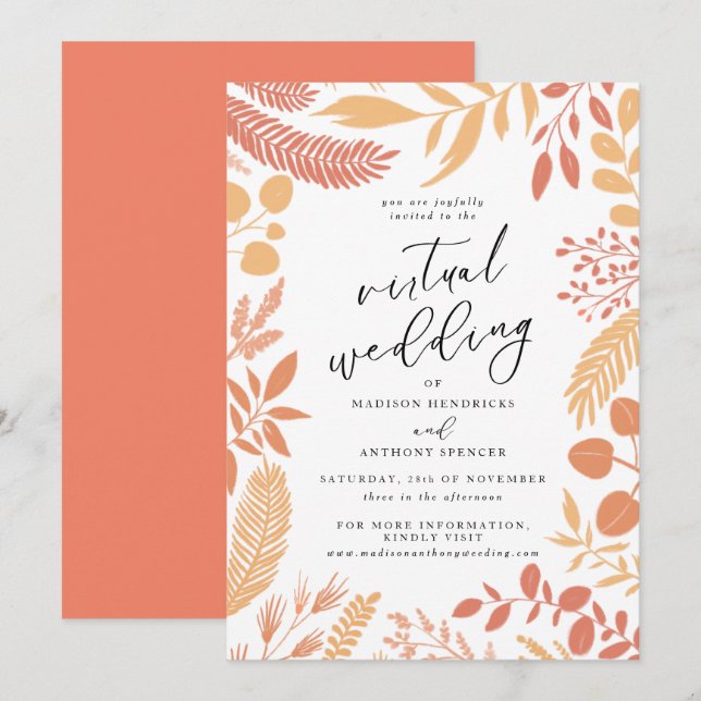 Invitation Élégant Mariage virtuel de la Botanique Orange (Devant / Derrière)