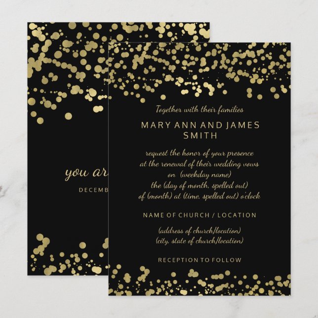Invitation Elégant Mariage Vow Renewal Gold Foil Confetti (Devant / Derrière)