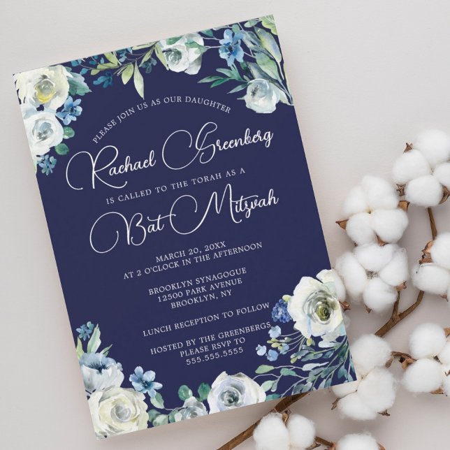 Invitation Elégant Marine Bleu Blanc Floral Bat mitzvah moder (Créateur téléchargé)