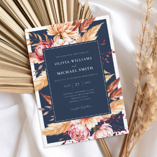 Invitation Elégant Marine Bleu Boho Chic Floral Mariage