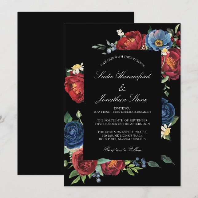 Invitation Elégant Marine Bleu Bourgogne Rouge Floral Mariage (Devant / Derrière)