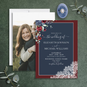 Invitation Élégant Marine Bleu Bourgogne Script Mariage photo