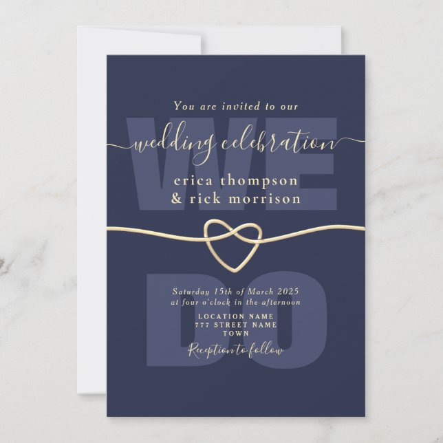 Invitation Elégant Marine Bleu et Or Nous faisons Mariage (Devant)
