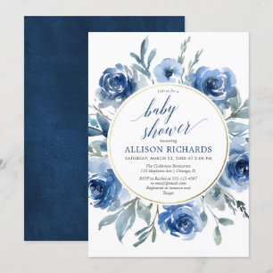 Invitation Elégant marine bleu fleurie pivoines garçon baby s
