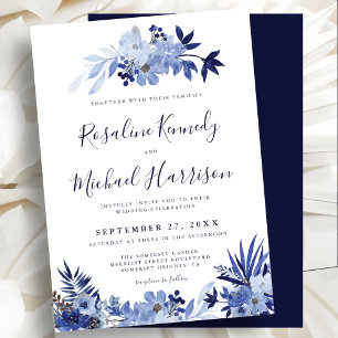 Invitation Elégant Marine Bleu Flore Foliage Mariage moderne