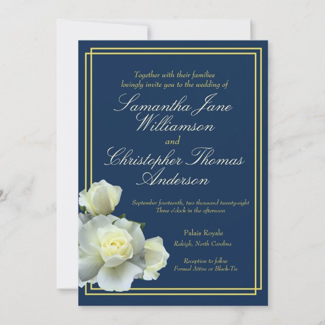 Invitation Élégant Marine Bleu Gold Script Rose blanche Maria (Devant)