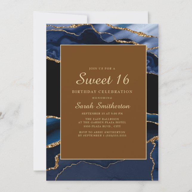Invitation Elégant Marine Bleu Marbre Or Agate Sweet 16 (Devant)