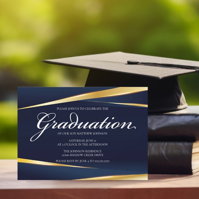 Invitation Elégant Marine Bleu Or Géométrique Graduation Form (Créateur téléchargé)