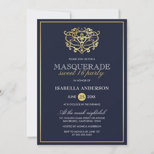 Invitation Elégant Marine Bleu & Or Masquerade Sweet 16 Party (Devant)