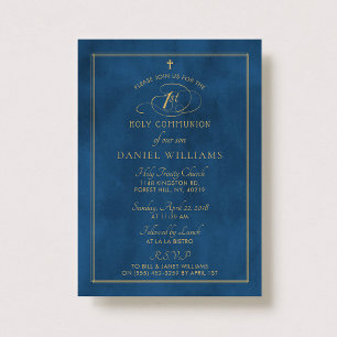 Invitation Elégant Marine Bleu & Or Script 1ère Sainte Commun