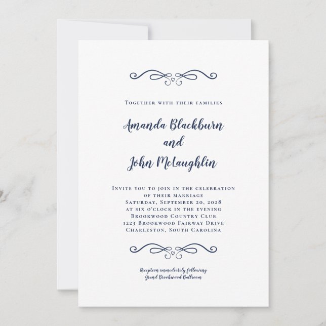 Invitation Elégant Marine Bleu Romantique Formal Chic Mariage (Devant)