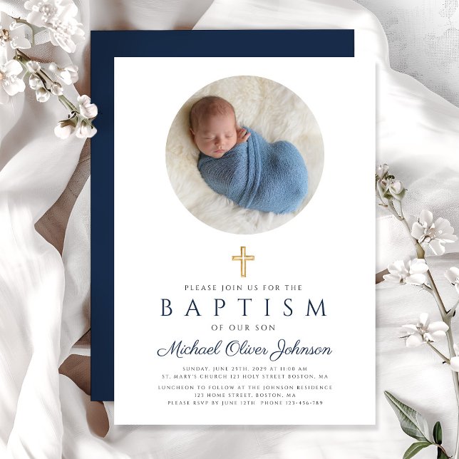 Invitation Élégant Marine Bleu Script Boy Photo Baptême (Navy Blue Elegant Religious Boy Photo Baptism Invitation)