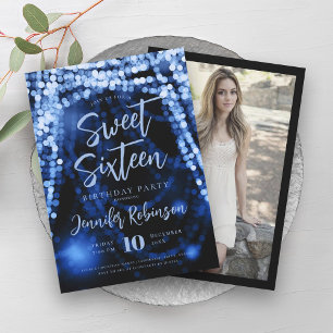 Invitation Élégant Marine Bleu String Lumières Photo Sweet 16