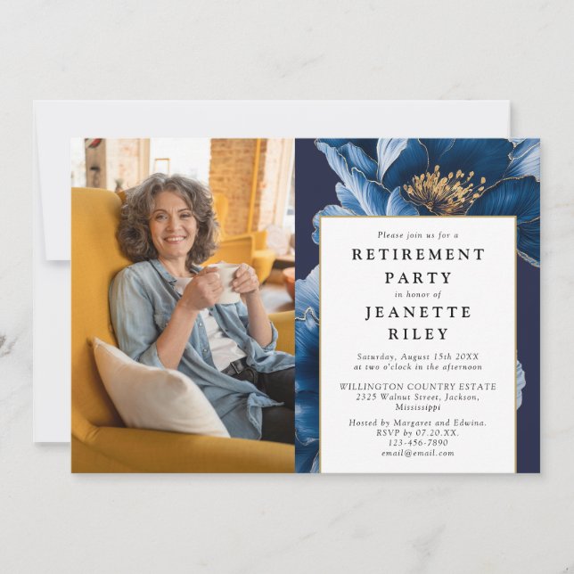 Invitation Elégant Marine Blue Floral Retraite Party Photo (Devant)