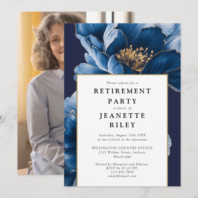 Invitation Elégant Marine Blue Floral Retraite Party Photo (Devant / Derrière)